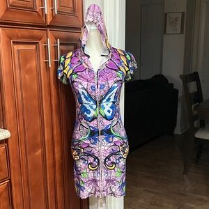 Christian Audigier Swarovski Crystal Butterfly Hooded Zip-Front Women’s Dress